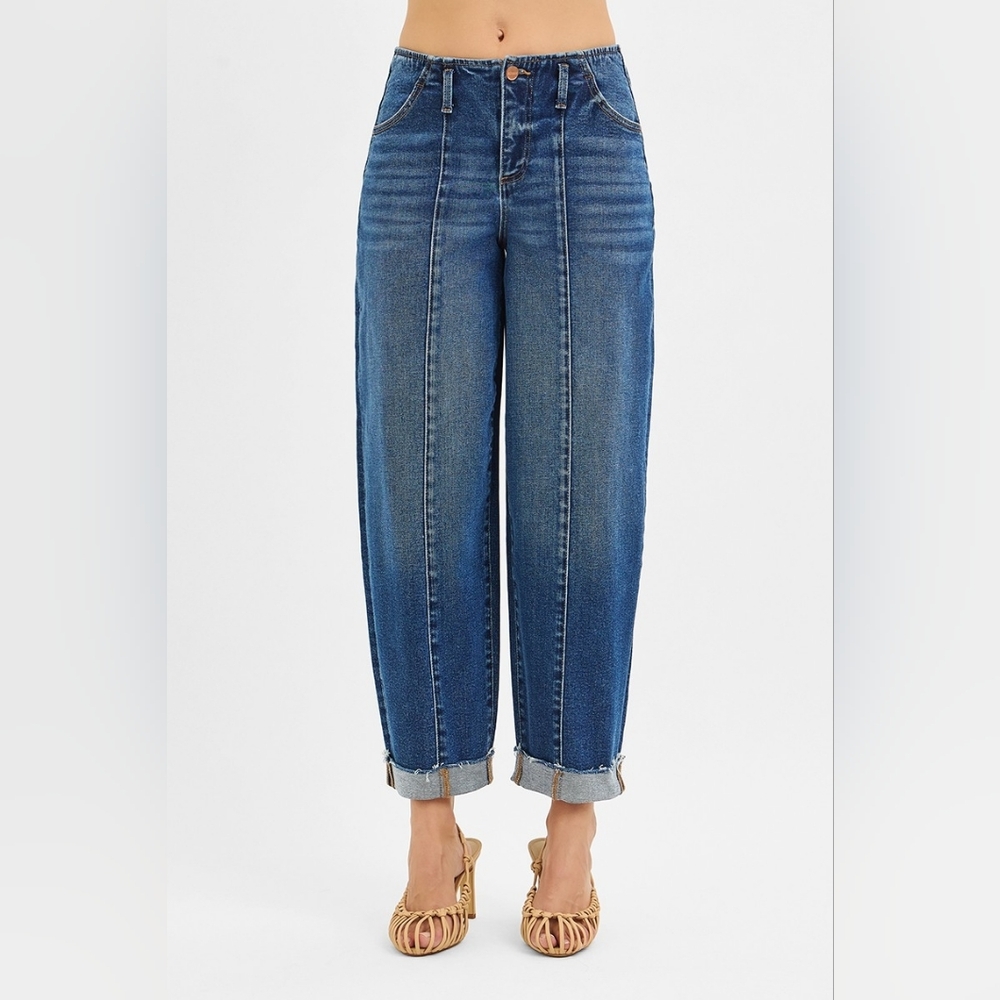 Risen HR Dark Wash Barrel Jeans Front Pintuck Seam Cuffed Raw Hem Various NEW - Picture 2 of 6